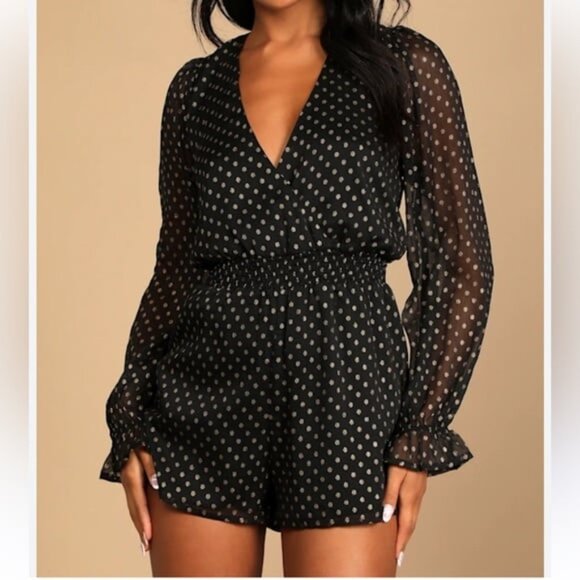 Lulus Pants - NWT Lulus Evening Gold Dot Chiffon Black Romper